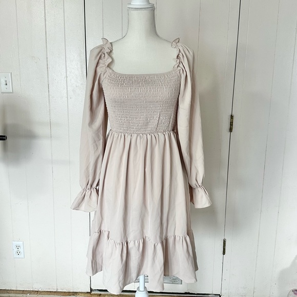 SHEIN Ruffle Long Puff Sleeve Beige Dress Off White Fall Neutral Boho Short - Picture 3 of 10